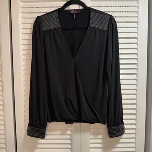 Hale Bob Black Wrap Blouse With Satin Trim